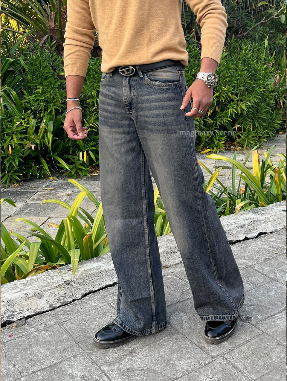 Rock Edge – Dark Grey Wide Leg Jeans with White Wash