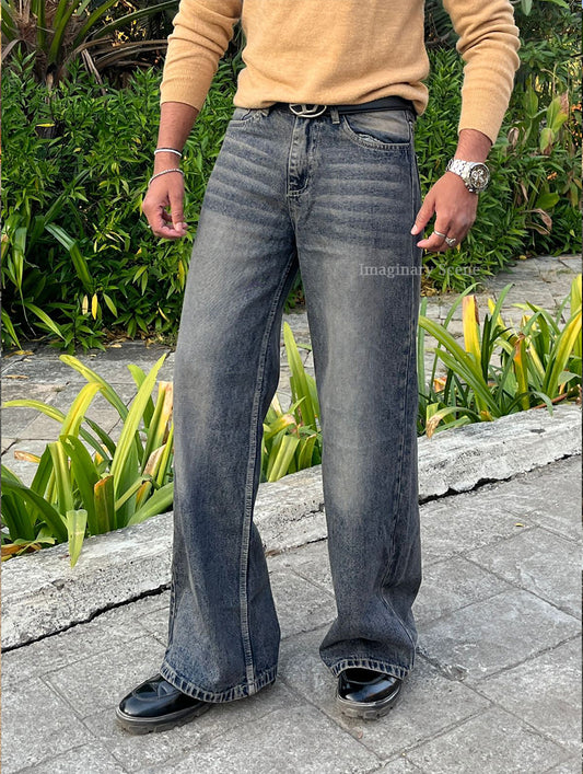 Rock Edge – Dark Grey Wide Leg Jeans with White Wash