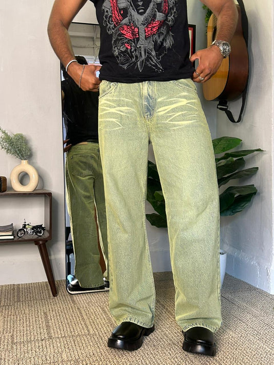 Acid Sage – Washed Lime Wide-Leg Jeans