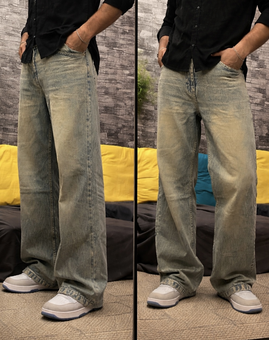 Acid Stone – Washed Vintage Grey Wide-Leg Jeans