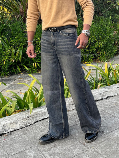 Rock Edge – Dark Grey Wide Leg Jeans with White Wash