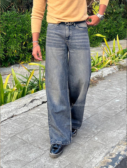 Rock Edge – Dark Grey Wide Leg Jeans with White Wash