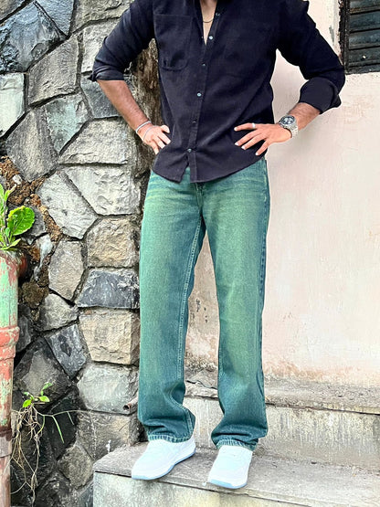 Relaxed Fit Dark Green Jeans - Raw Pine