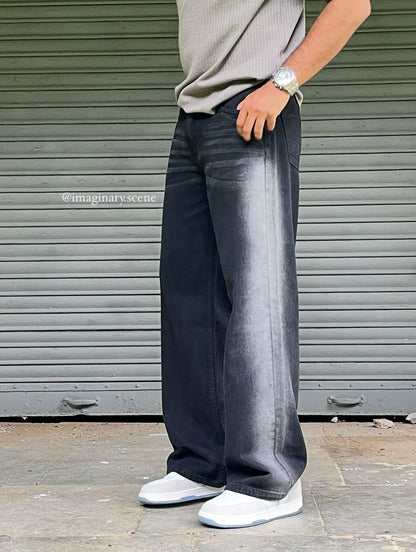 Stromline Black Baggy Jeans with Side White Wash