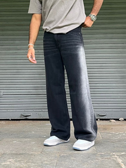 Stromline Black Baggy Jeans with Side White Wash