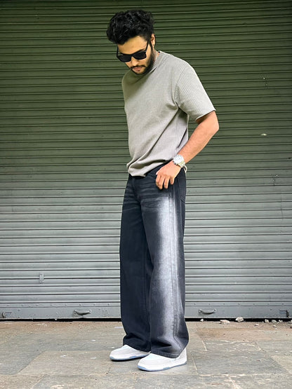 Stromline Black Baggy Jeans with Side White Wash