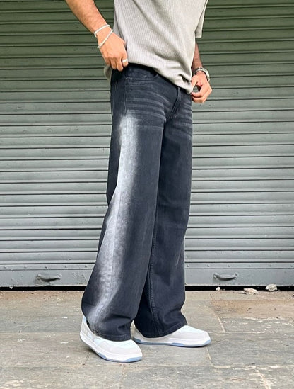 Stromline Black Baggy Jeans with Side White Wash