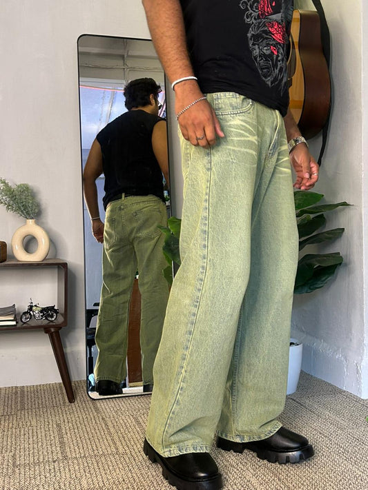 Acid Sage – Washed Lime Wide-Leg Jeans