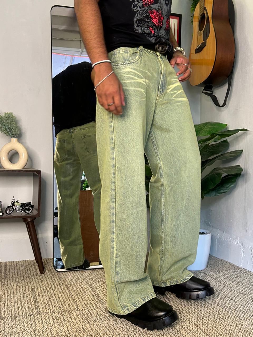 Acid Sage – Washed Lime Wide-Leg Jeans