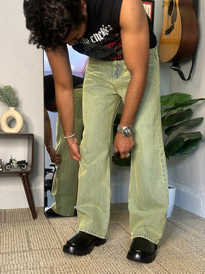 Acid Sage – Washed Lime Wide-Leg Jeans