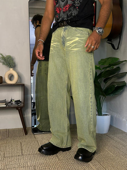 Acid Sage – Washed Lime Wide-Leg Jeans