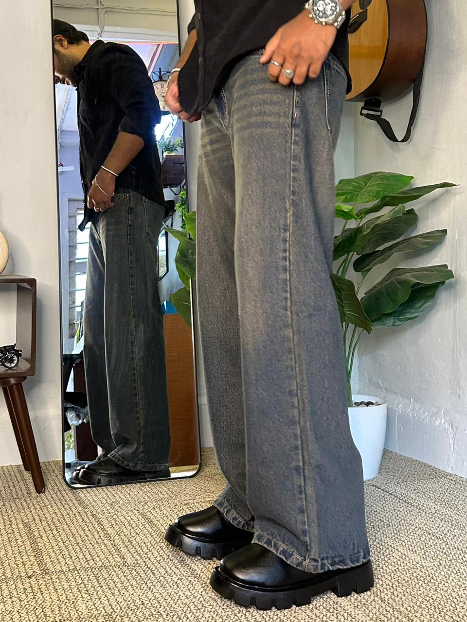 Static Ash – Textured Grey Wide Leg Jeans