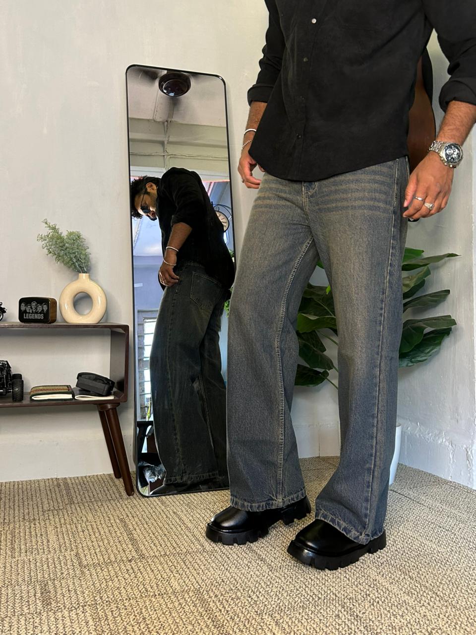 Static Ash – Textured Grey Wide Leg Jeans